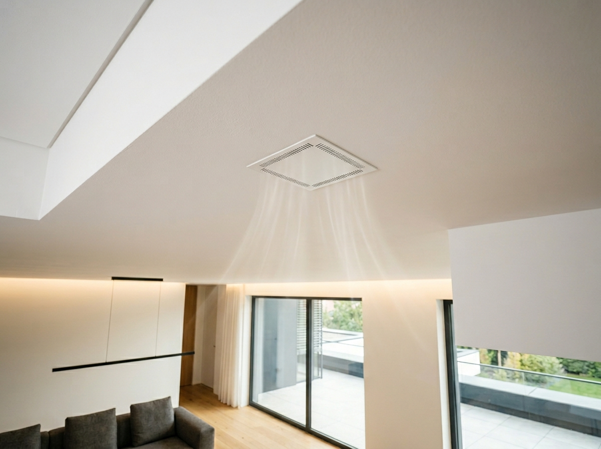 ช่องลมทรงสี่เหลี่ยมเรียบเนียนไปกับฝ้าเพดาน สะท้อนการออกแบบที่คิดมาตั้งแต่พิมพ์เขียว