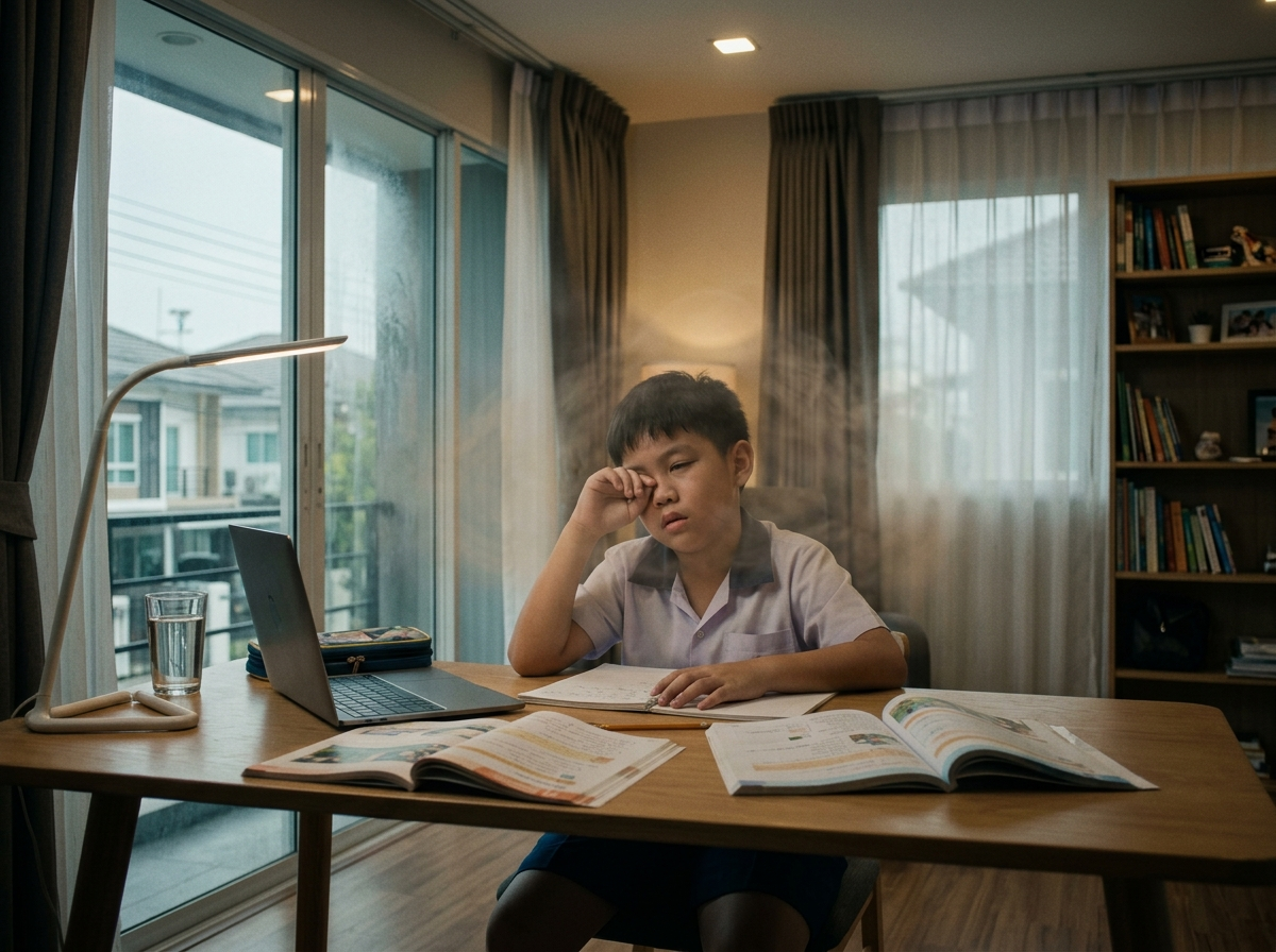 เด็กนั่งง่วงนอนและไม่มีสมาธิขณะอ่านหนังสือในห้องแอร์ปิดทึบ